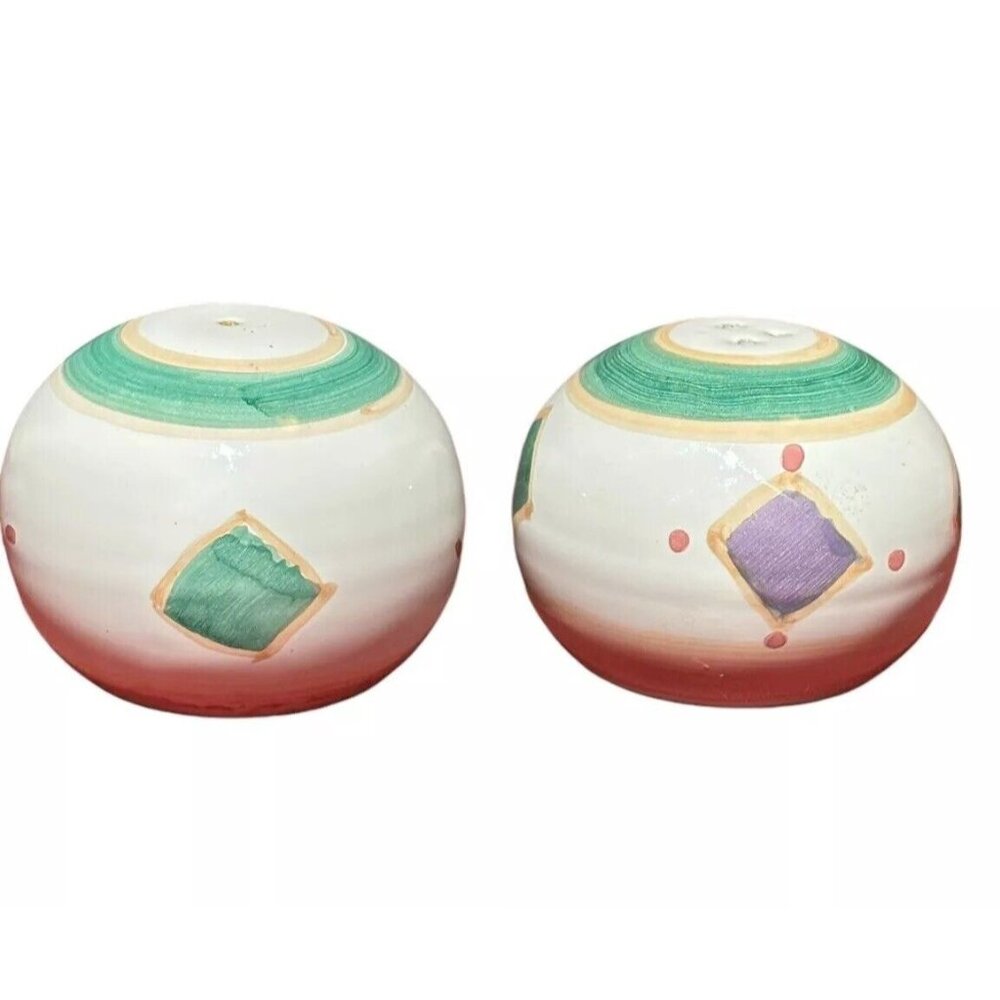 Caleca Pattern Belvidere Salt Pepper Shaker Set Hand Painted Round Made Italy